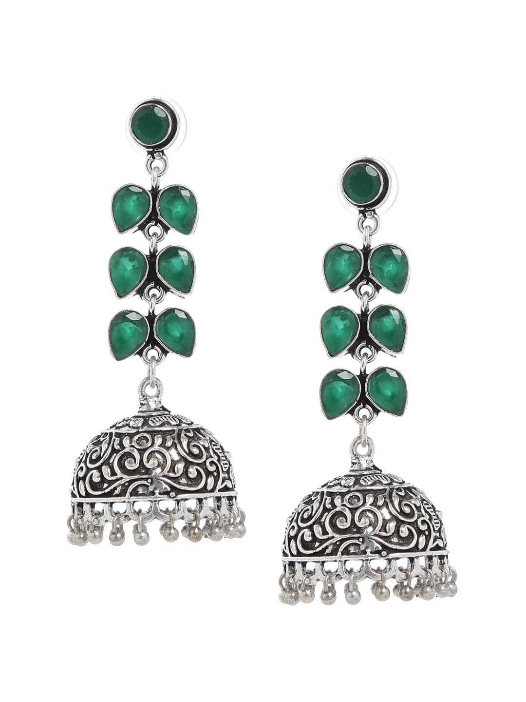 

Bamboo Tree Jewels Green & Silver-Toned Classic Jhumkas Earrings