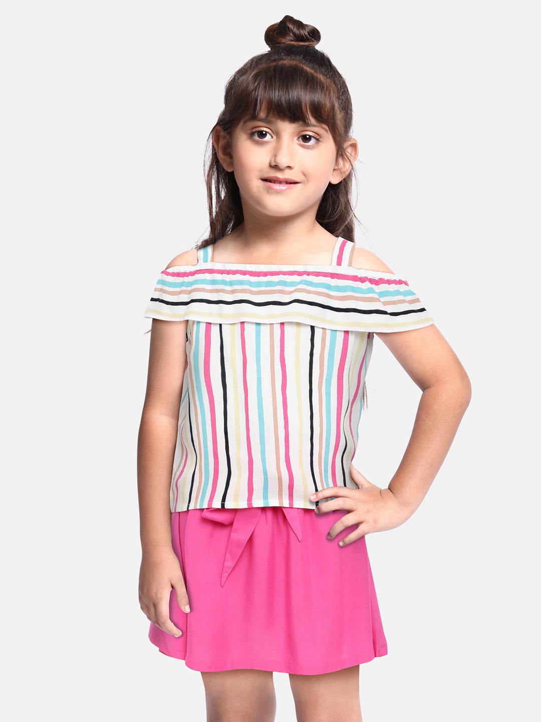 

HERE&NOW Girls White & Pink Striped Top with Skirt