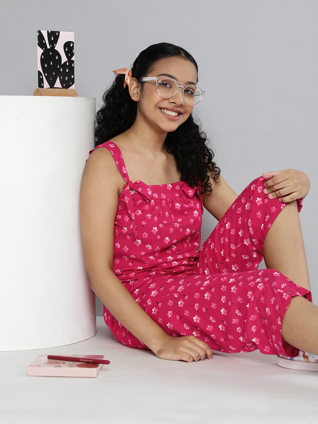 HERE&NOW Girls Fuchsia Floral Printed Top with Trousers