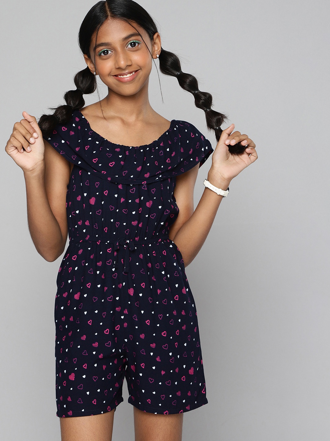 

HERE&NOW Girls Navy Blue & Pink Conversational Printed Playsuit