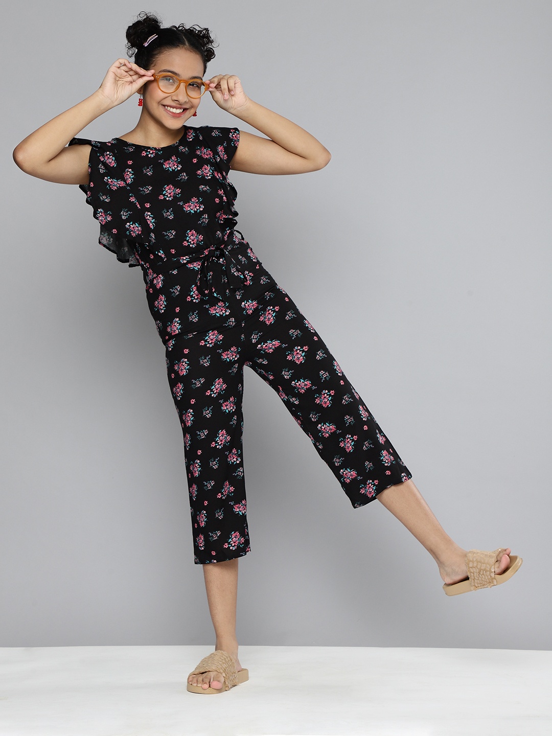 

HERE&NOW Girls Black Printed Basic Jumpsuit