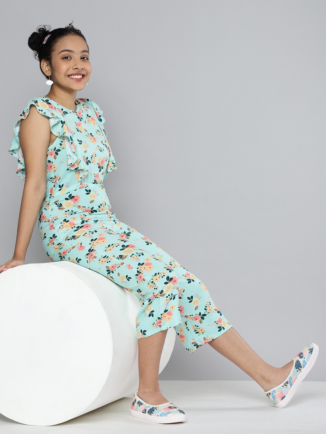 

HERE&NOW Girls Green & Pink Floral Printed Jumpsuit with Ruffles