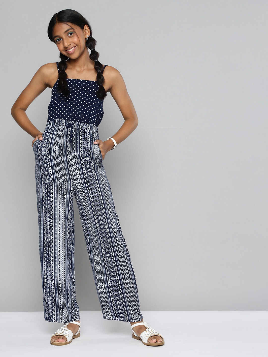

HERE&NOW Girls Navy Blue & White Printed Basic Jumpsuit