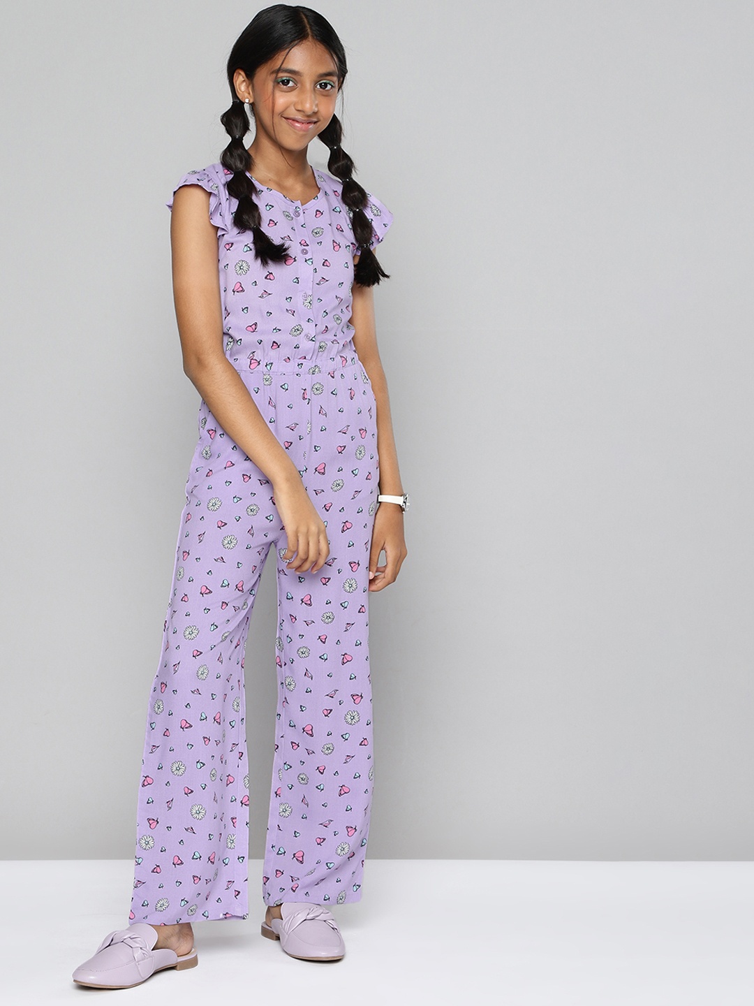 

HERE&NOW Girls Purple & Pink Floral Printed Jumpsuit with Ruffles