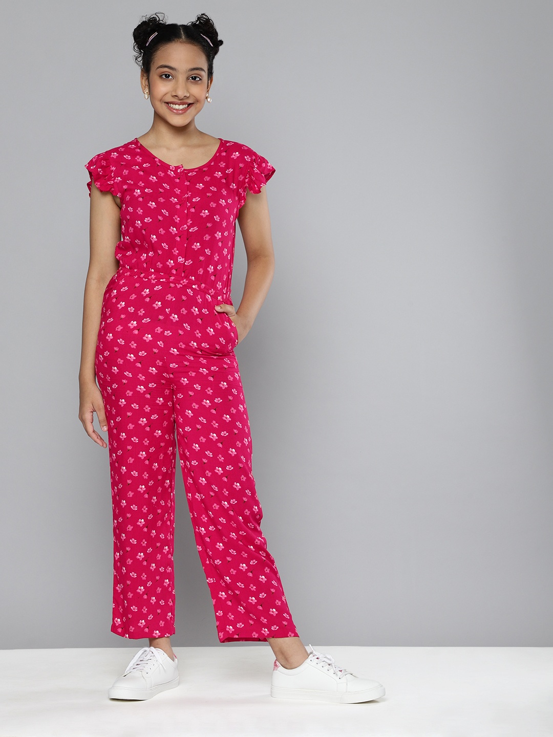 

HERE&NOW Girls Fuchsia Floral Printed Jumpsuit with Ruffles