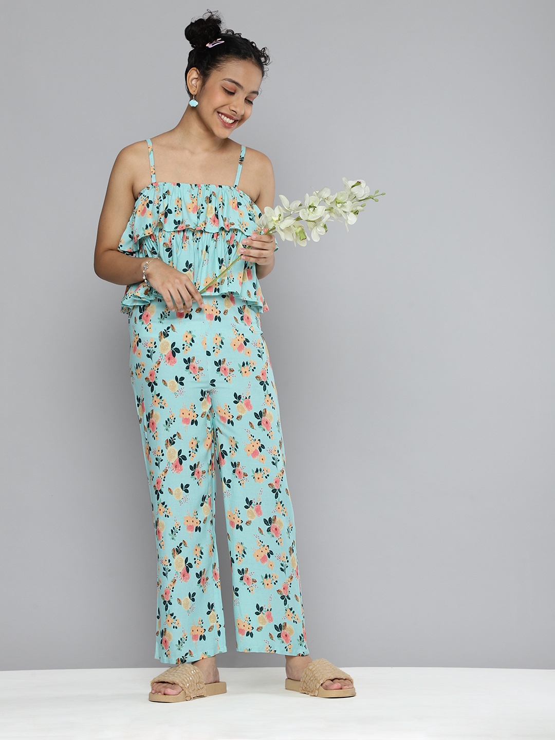 

HERE&NOW Girls Sea Green Printed Basic Jumpsuit