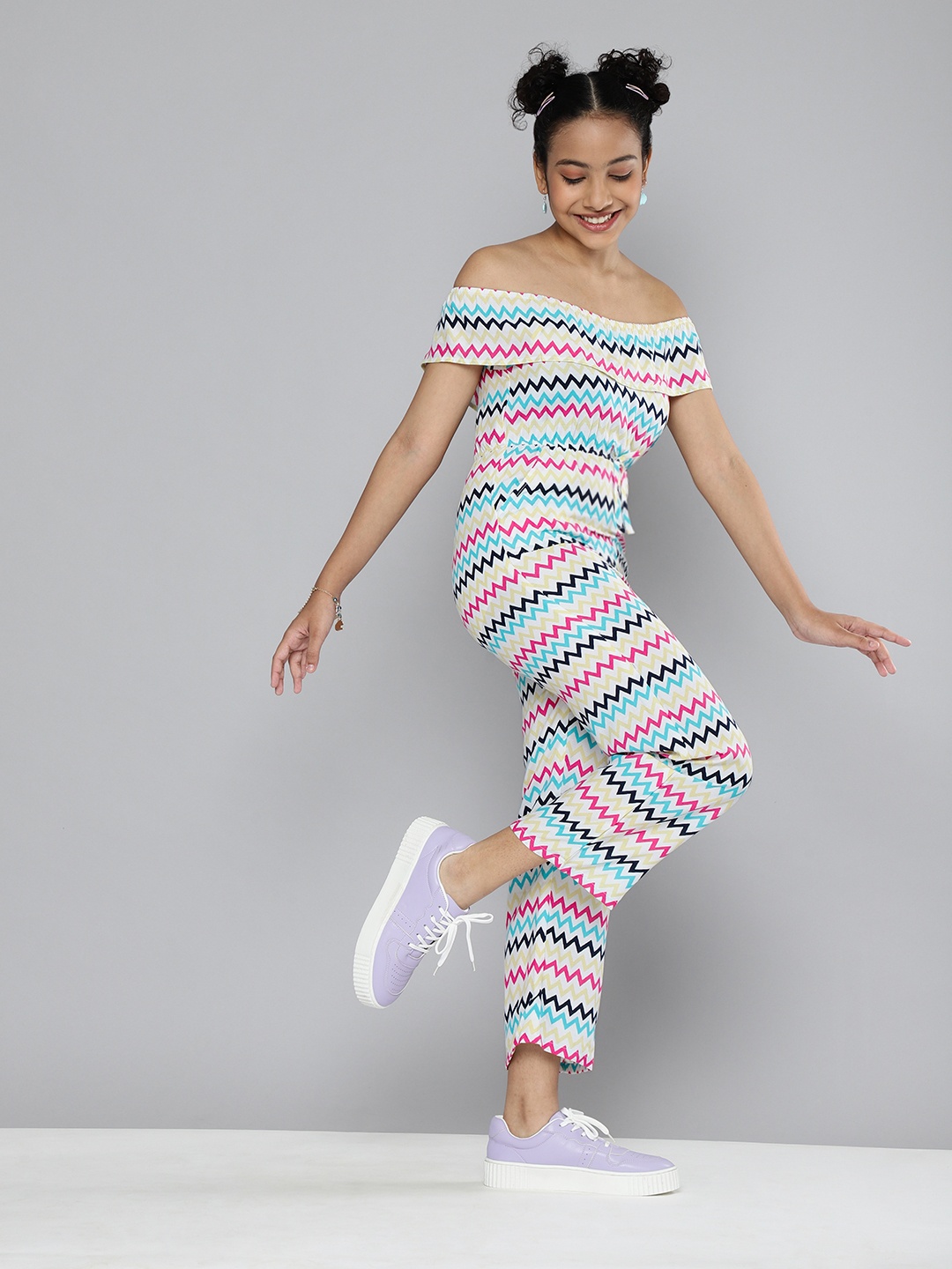 

HERE&NOW Girls Multicoloured Off-Shoulder Printed Jumpsuit, Multi