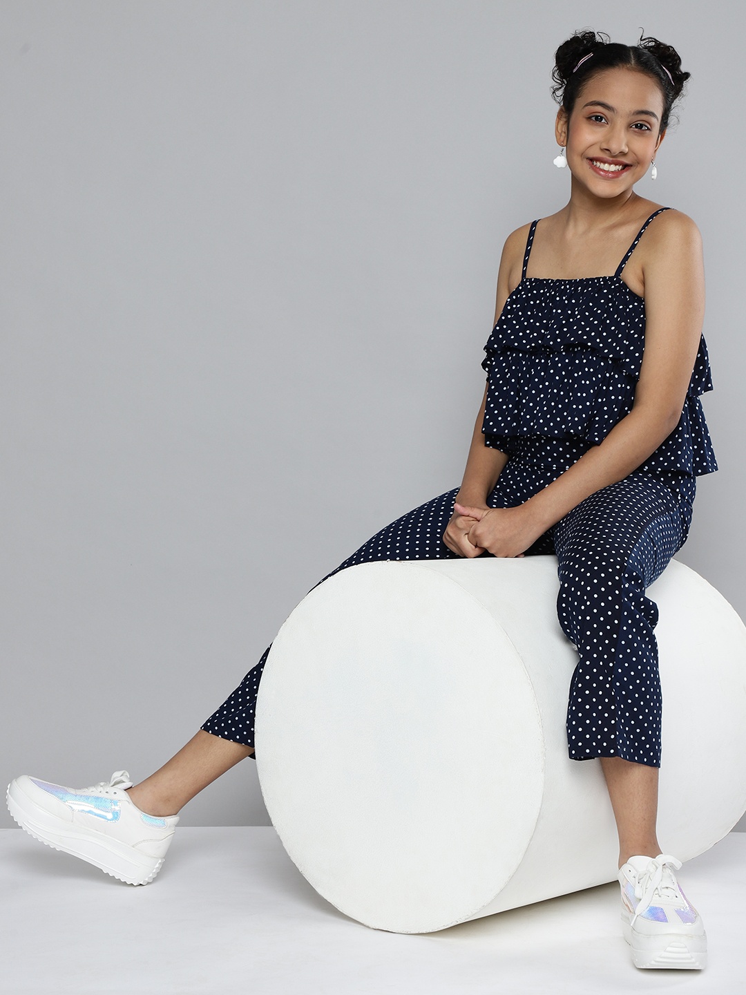 

HERE&NOW Girls Navy Blue & White Polka Dots Printed Jumpsuit with Layered Ruffles