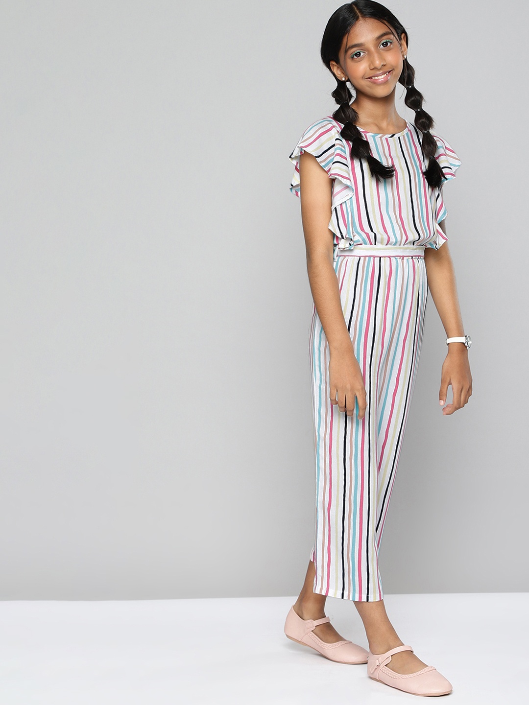 

HERE&NOW Girls White Striped Basic Jumpsuit with Ruffles