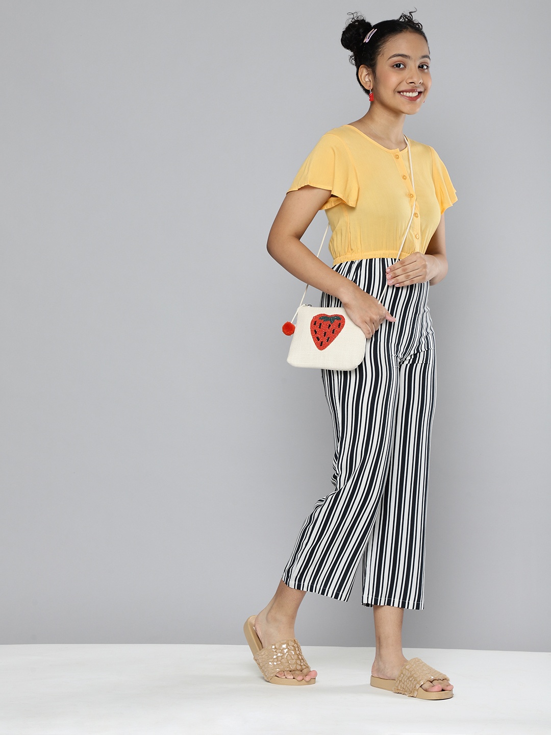 

HERE&NOW Girls Yellow & Black Striped Jumpsuit With Gathered Detail