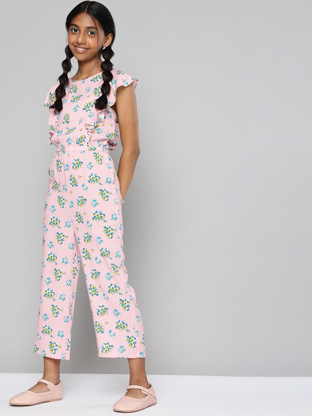 

HERE&NOW Girls Pink & Blue Floral Printed Jumpsuit with Ruffles