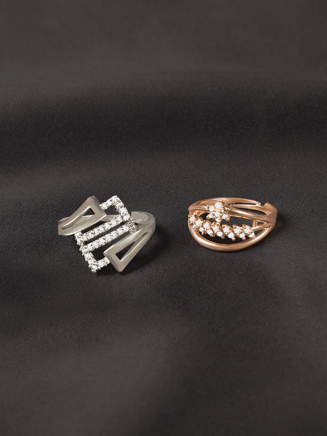 

ZINU Women Rose Gold- Plated Silver & White CZ Studded Adjustable Finger Ring