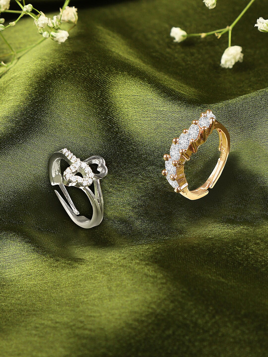 

ZINU Combo Of 2 Rose Gold & Rhodium Plated Rose Gold CZ Studded Finger Ring
