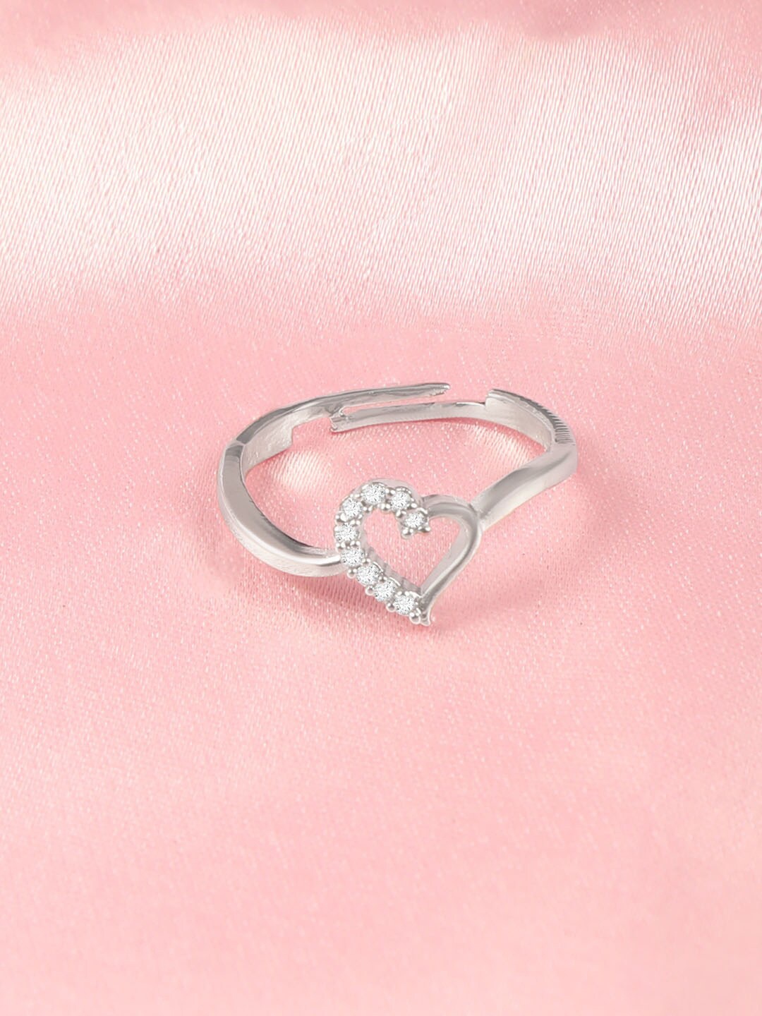 

ZINU Rhodium-Plated CZ-Studded Adjustable Finger Ring, Silver