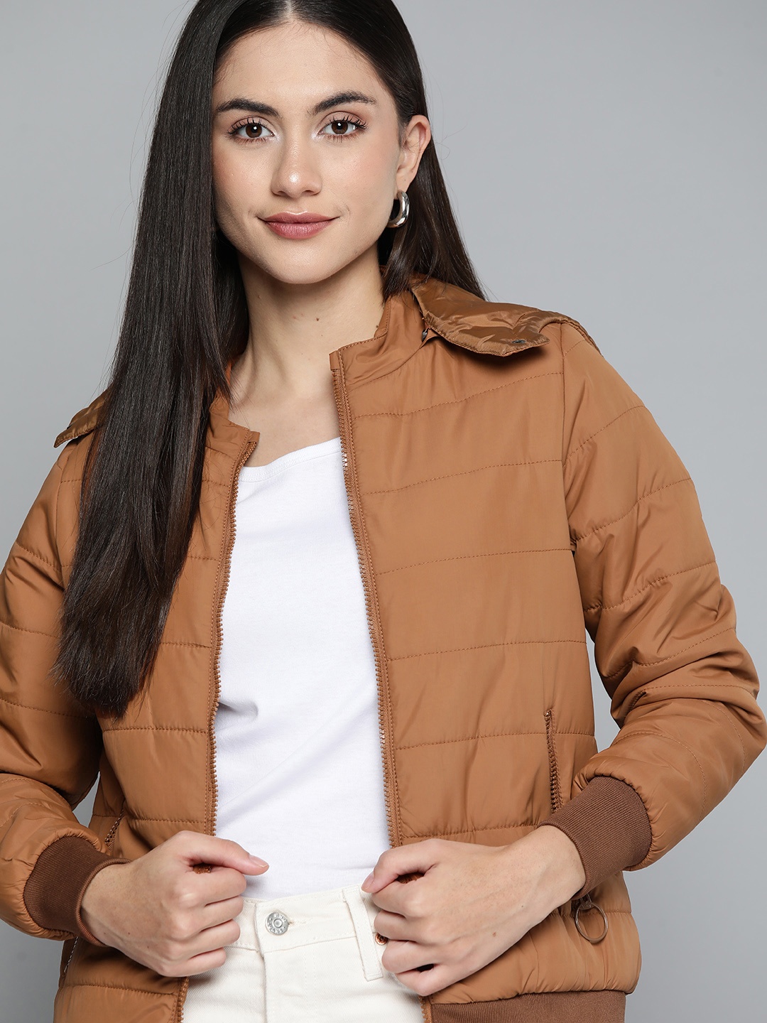

Chemistry Women Brown Hooded Bomber Jacket