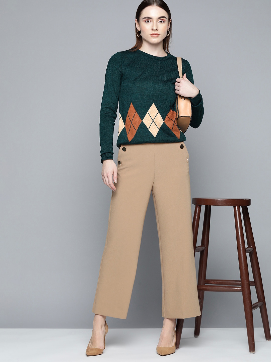 

Chemistry Women Teal Green & Beige Argyle Acrylic Pullover