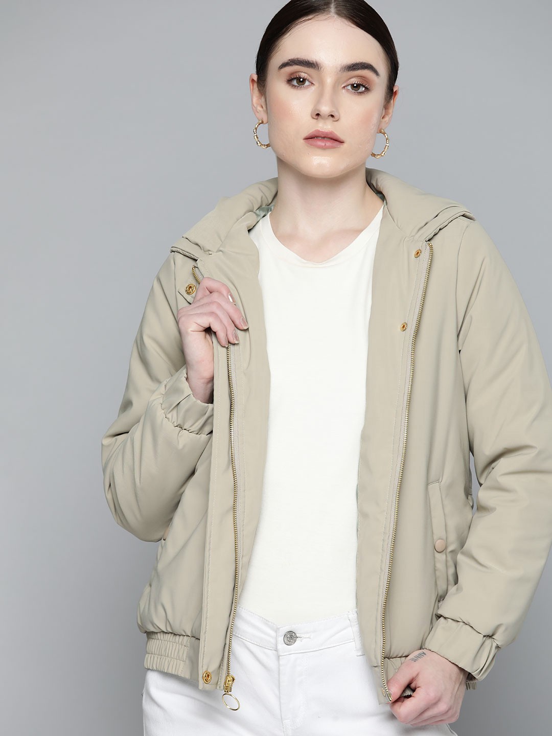 

Chemistry Women Beige Bomber Hooded Jacket