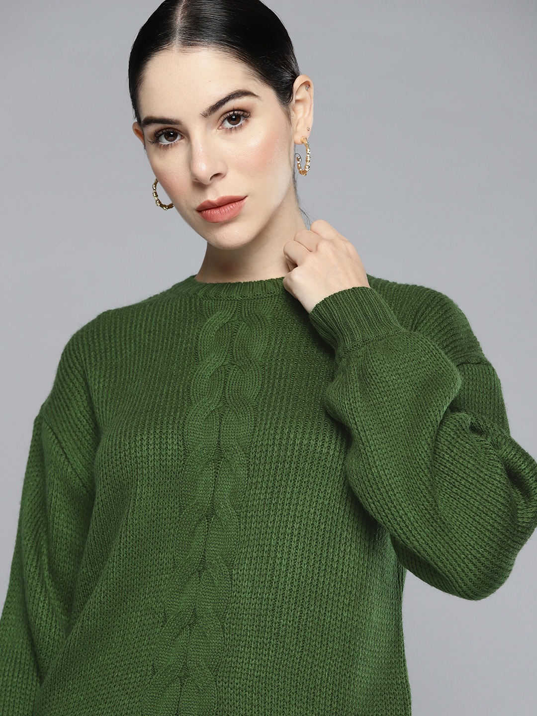 

Chemistry Women Olive Green Cable Knit Sweater