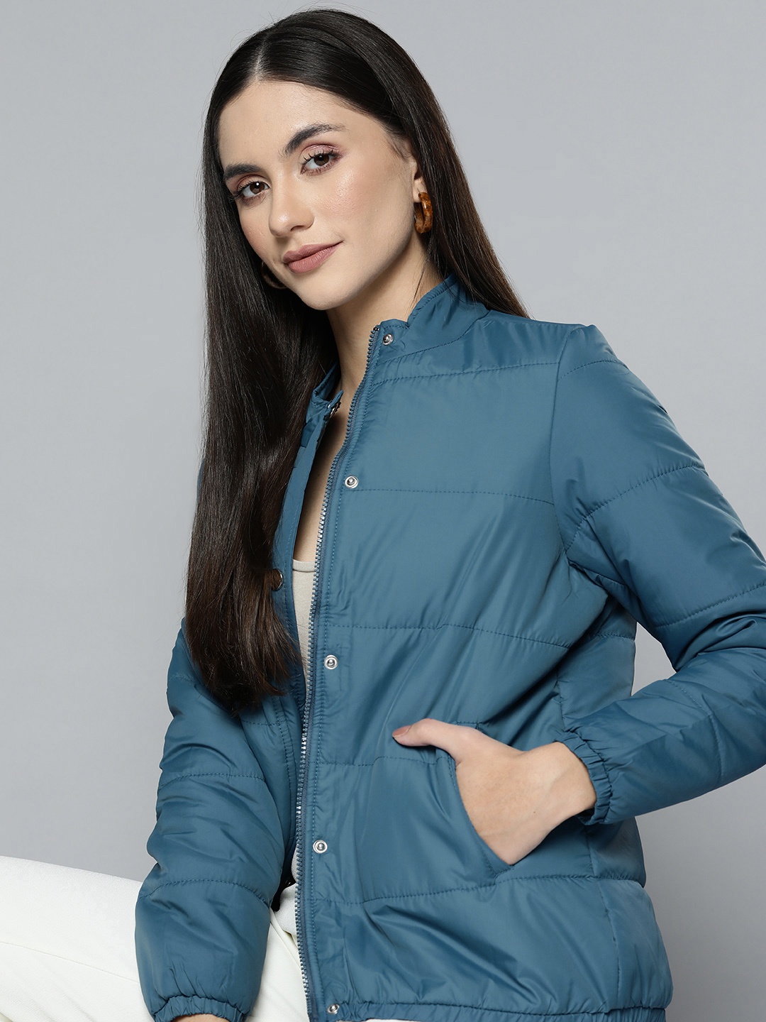 

Chemistry Women Teal Blue Solid Bomber Jacket