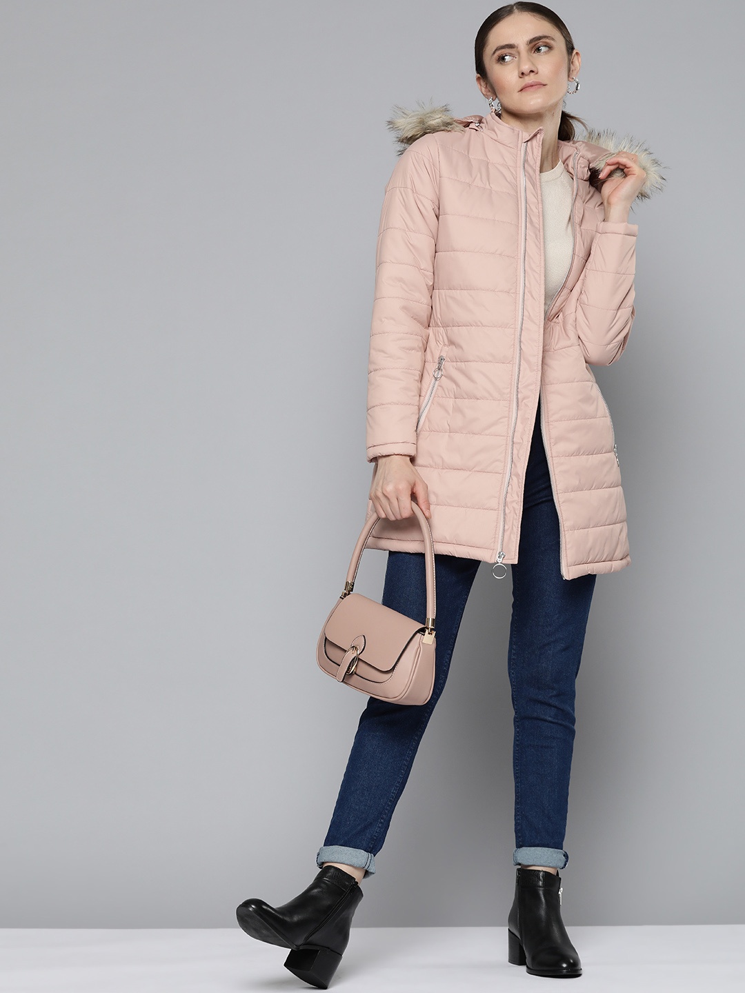 

Chemistry Women Peach-Coloured Solid Parka Quilted Jacket