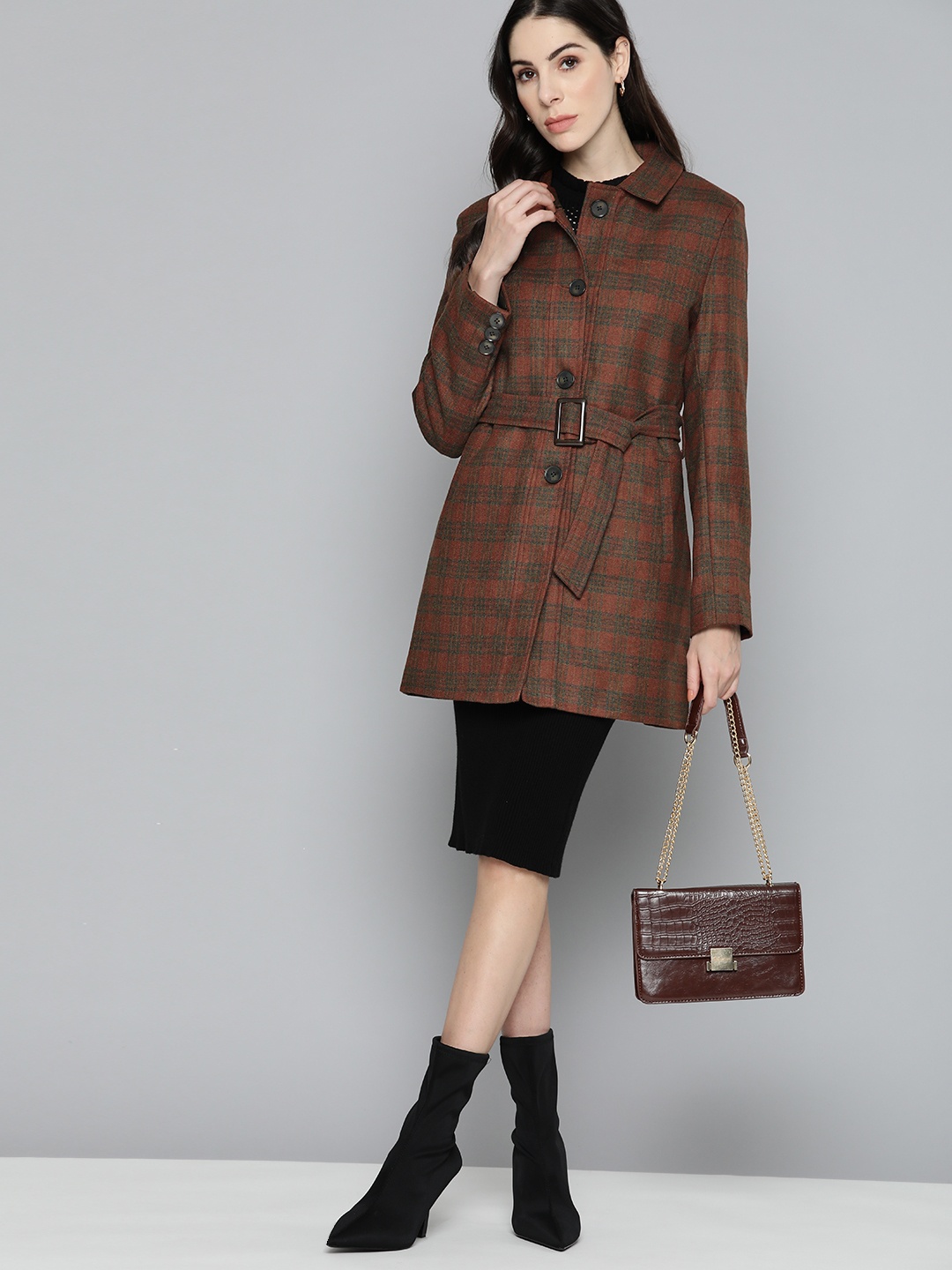 

Chemistry Women Rust Orange & Green Checked Overcoat with Belt