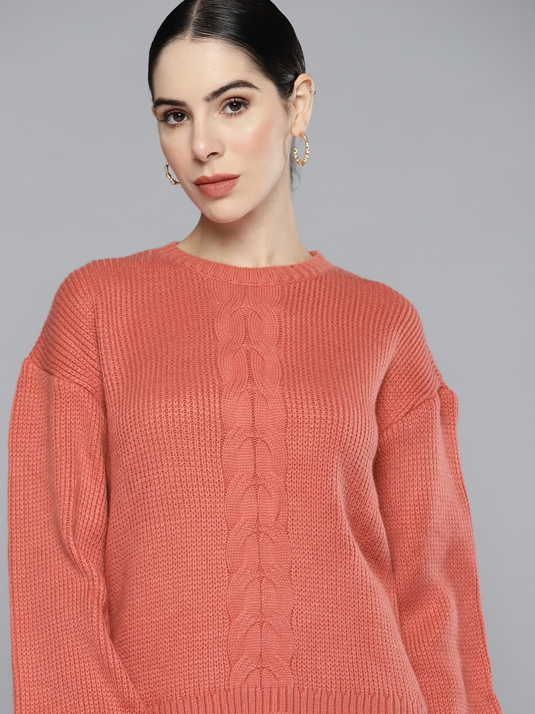 

Chemistry Women Coral-Orange Cable Knit Sweater