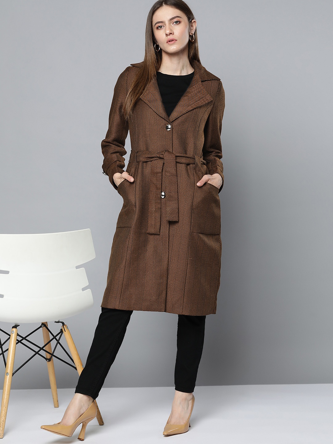 

Chemistry Women Brown and Black Chevron Self Design Longline Overcoat