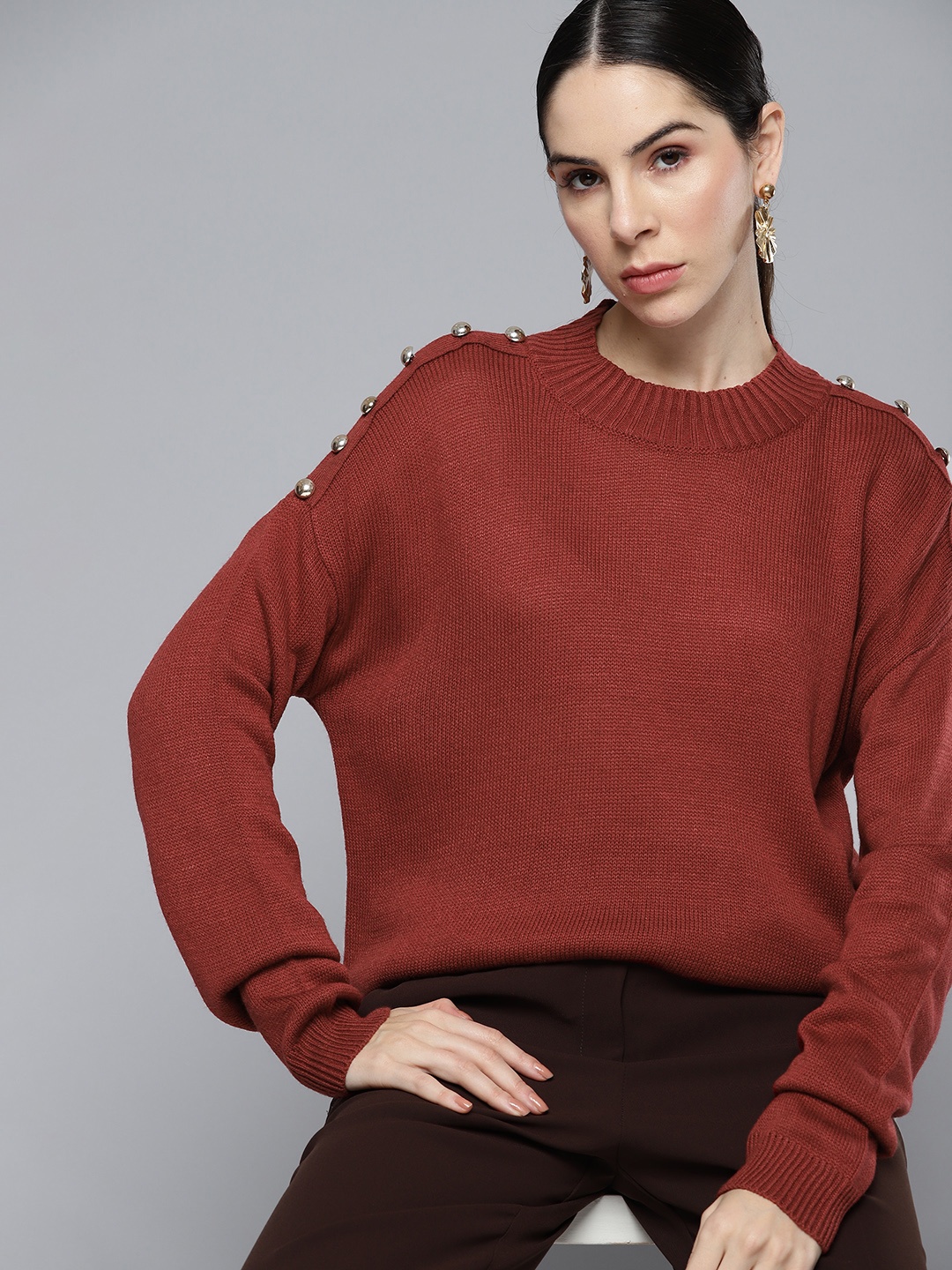 

Chemistry Button Detail Drop-Shoulder Sleeves Acrylic Pullover, Rust