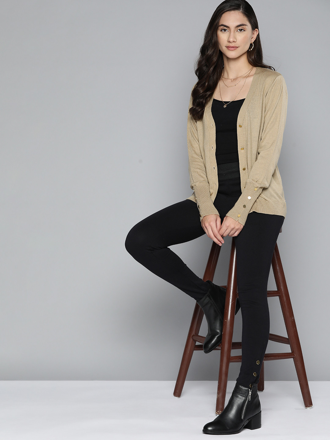 

Chemistry Women Beige Solid V-Neck Cardigan