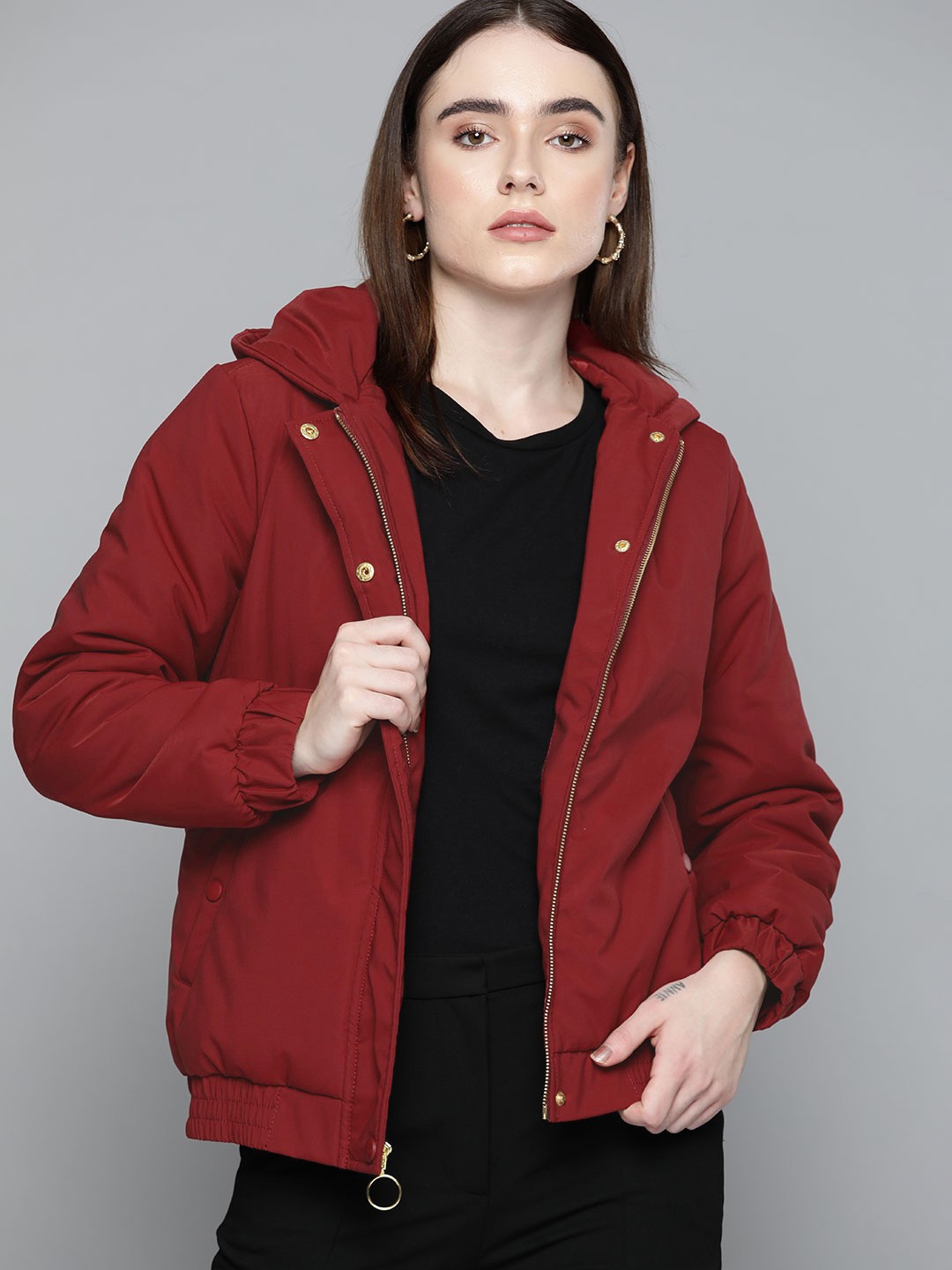 

Chemistry Women Maroon Bomber Hooded Jacket