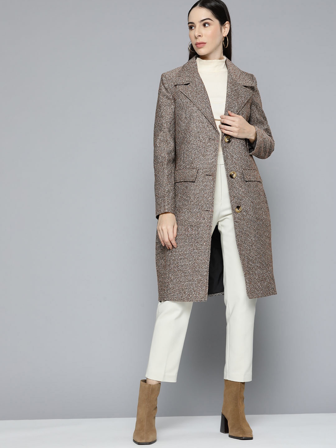 

Chemistry Women Brown & White Notched Lapel Collar Longline Overcoat