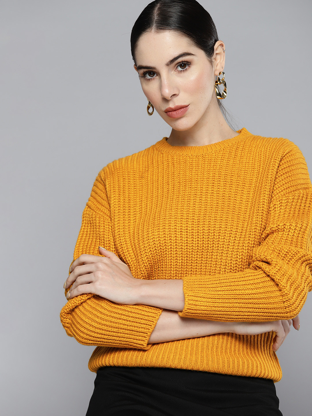 

Chemistry Women Mustard Yellow Acrylic Self-Striped Drop Shoulder Pullover