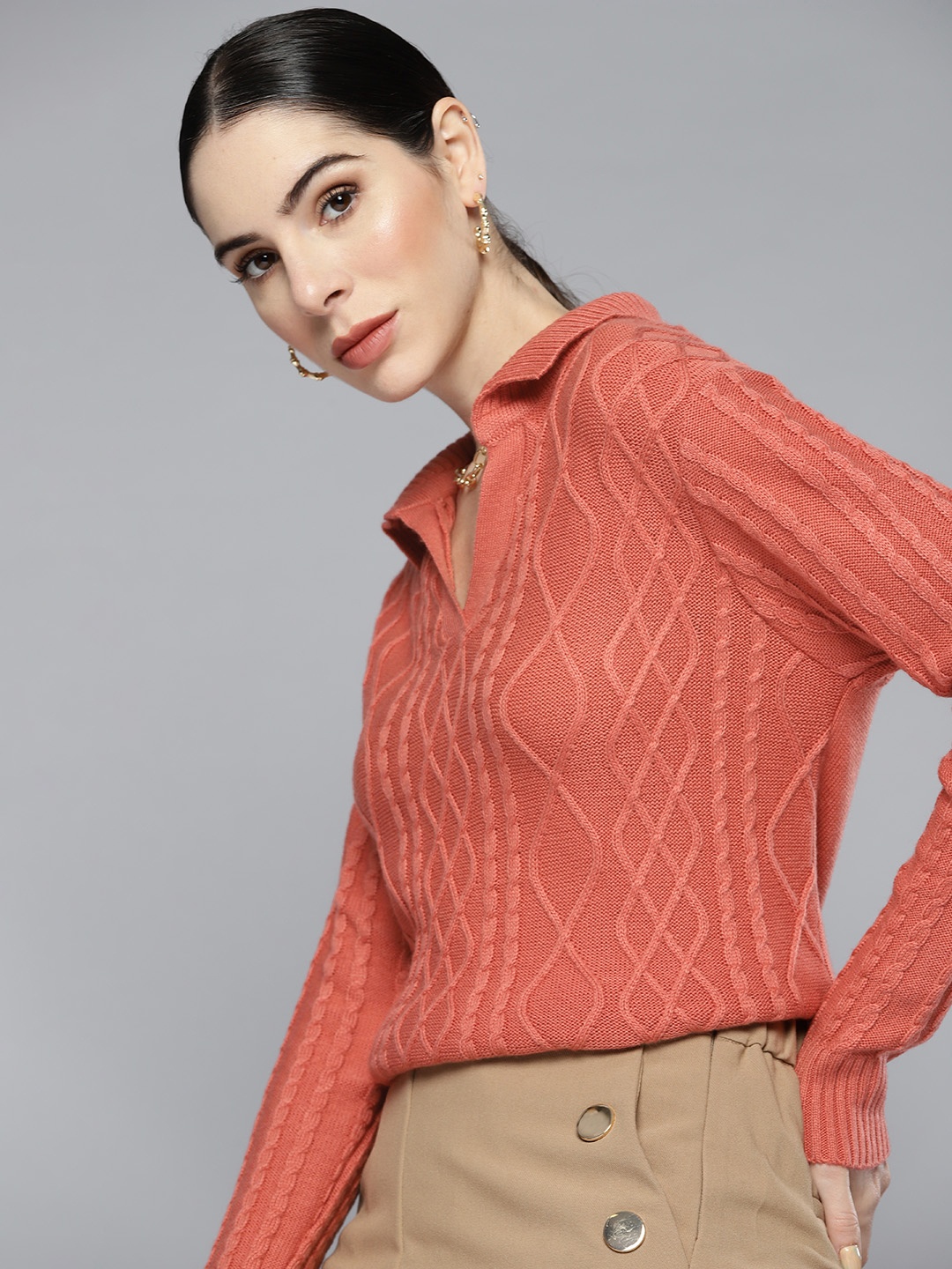 

Chemistry Women Coral Cable Collared Knit Sweater