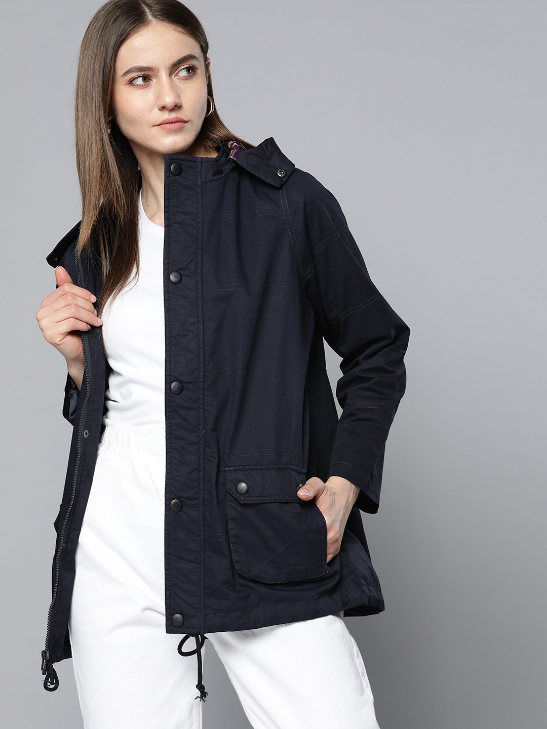 

Chemistry Women Navy Blue Tailored Hooded Jacket