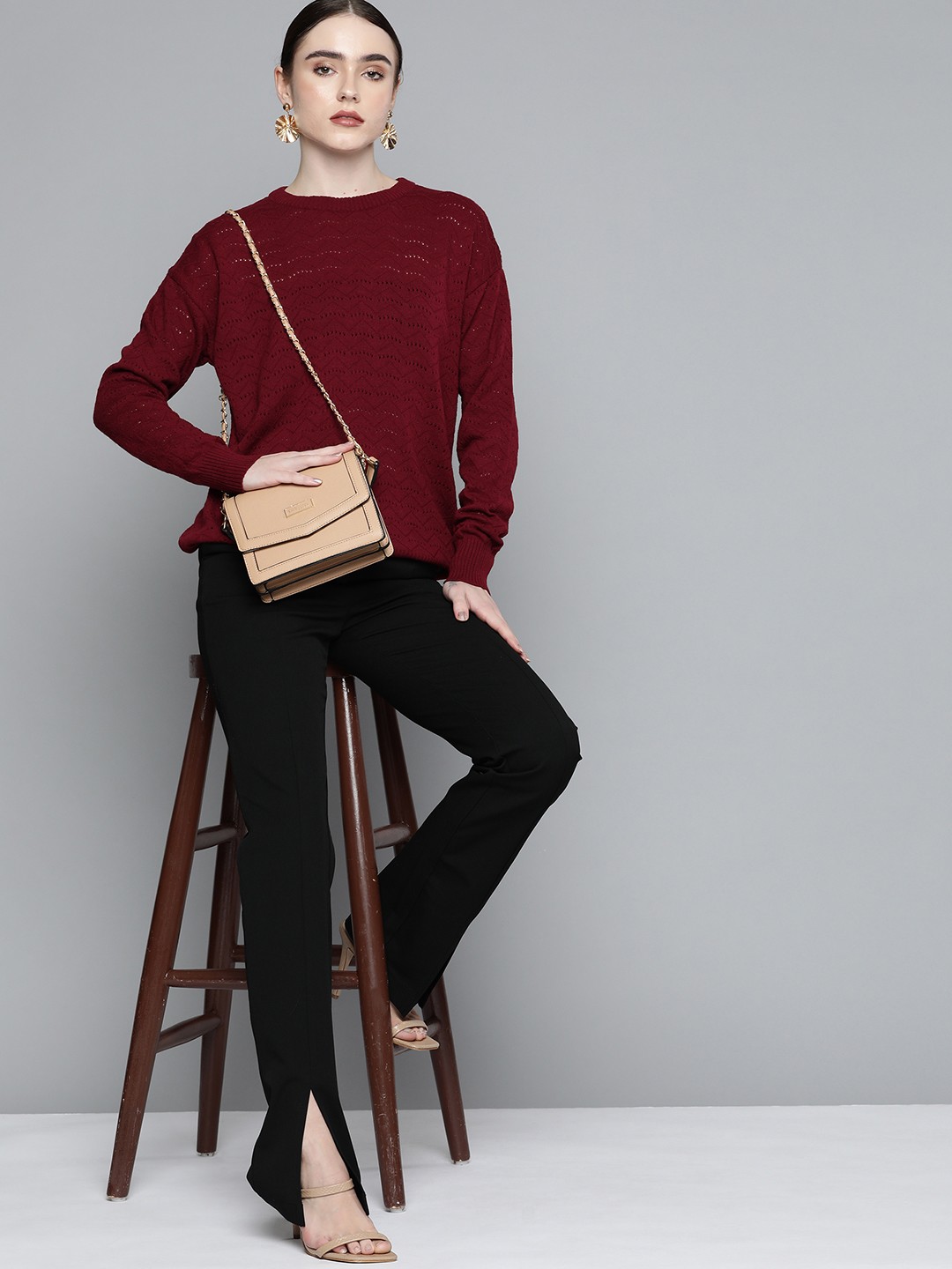 

Chemistry Women Maroon Self-Design Acrylic Open Knit Pullover