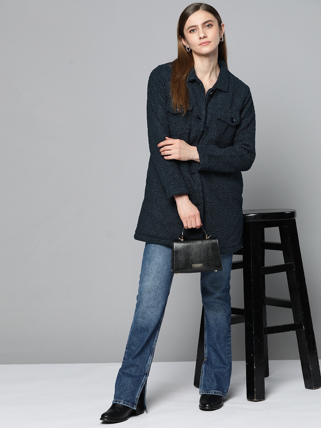 

Chemistry Women Navy Blue Boucle Pea Coat