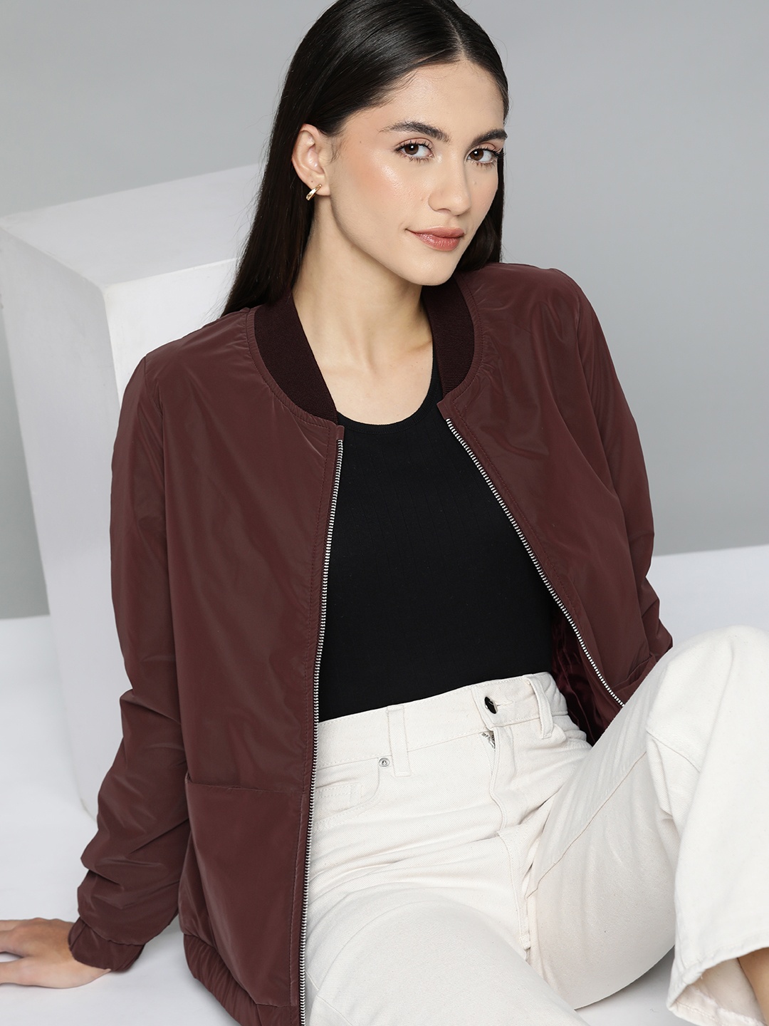 

Chemistry Women Brown Solid Bomber Jacket