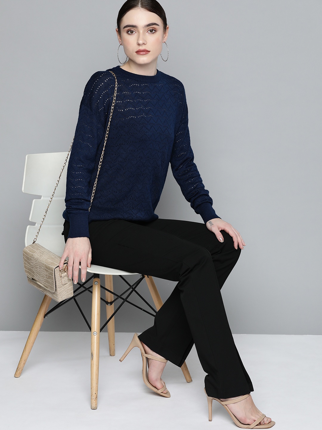 

Chemistry Women Navy Blue Self-Design Acrylic Open Knit Pullover