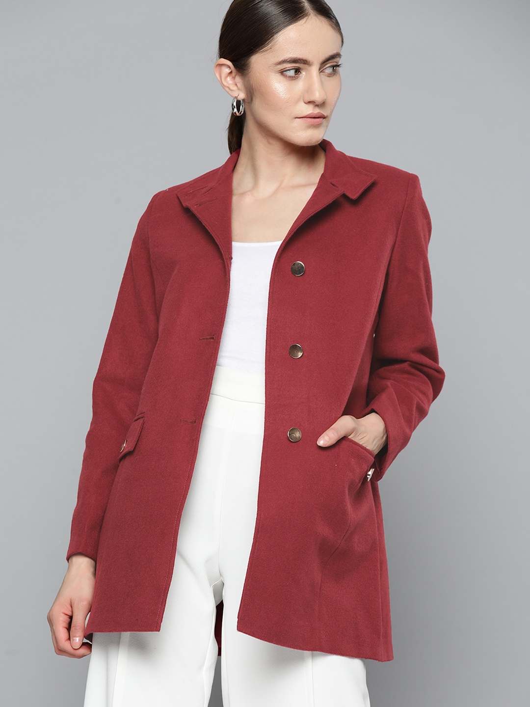 

Chemistry Women Solid Woollen Longline Over Coat with Button Highlights, Burgundy