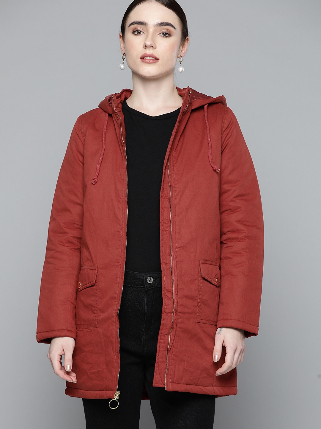 

Chemistry Women Rust Red Solid Longline Hooded Padded Jacket