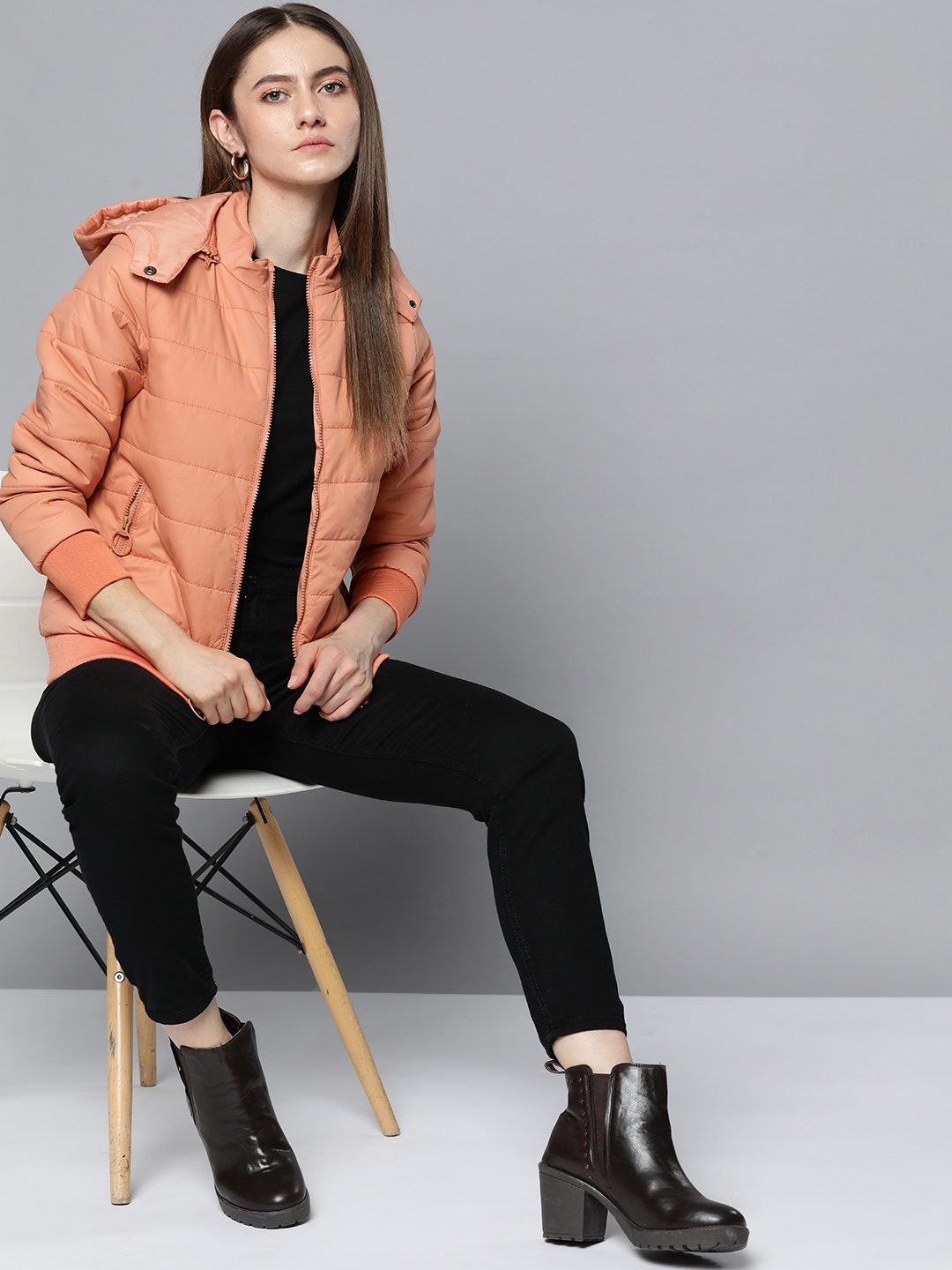 

Chemistry Women Peach-Coloured Solid Padded Jacket