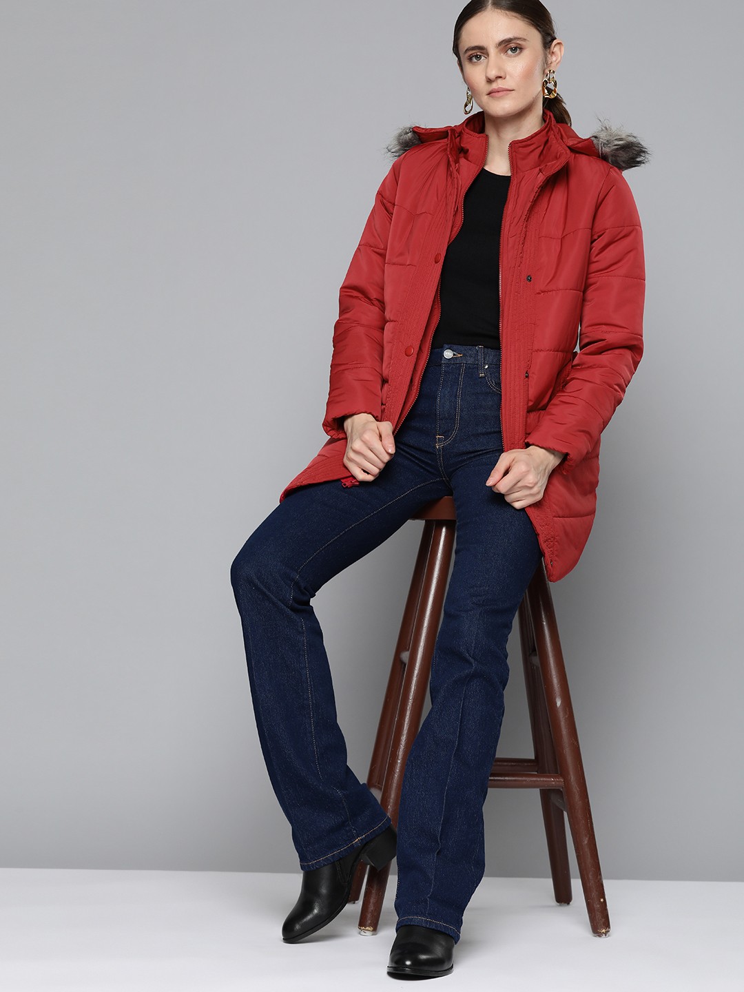 

Chemistry Women Red Longline Parka Jacket with Detachable Faux Fur Hood