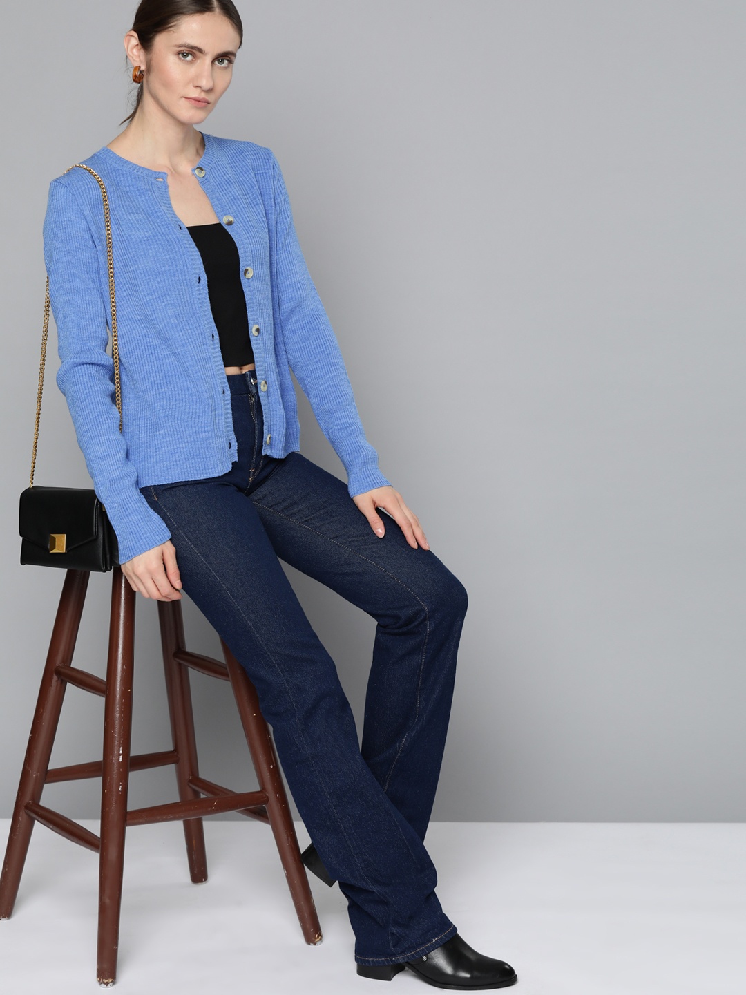 

Chemistry Women Blue Ribbed Cardigan