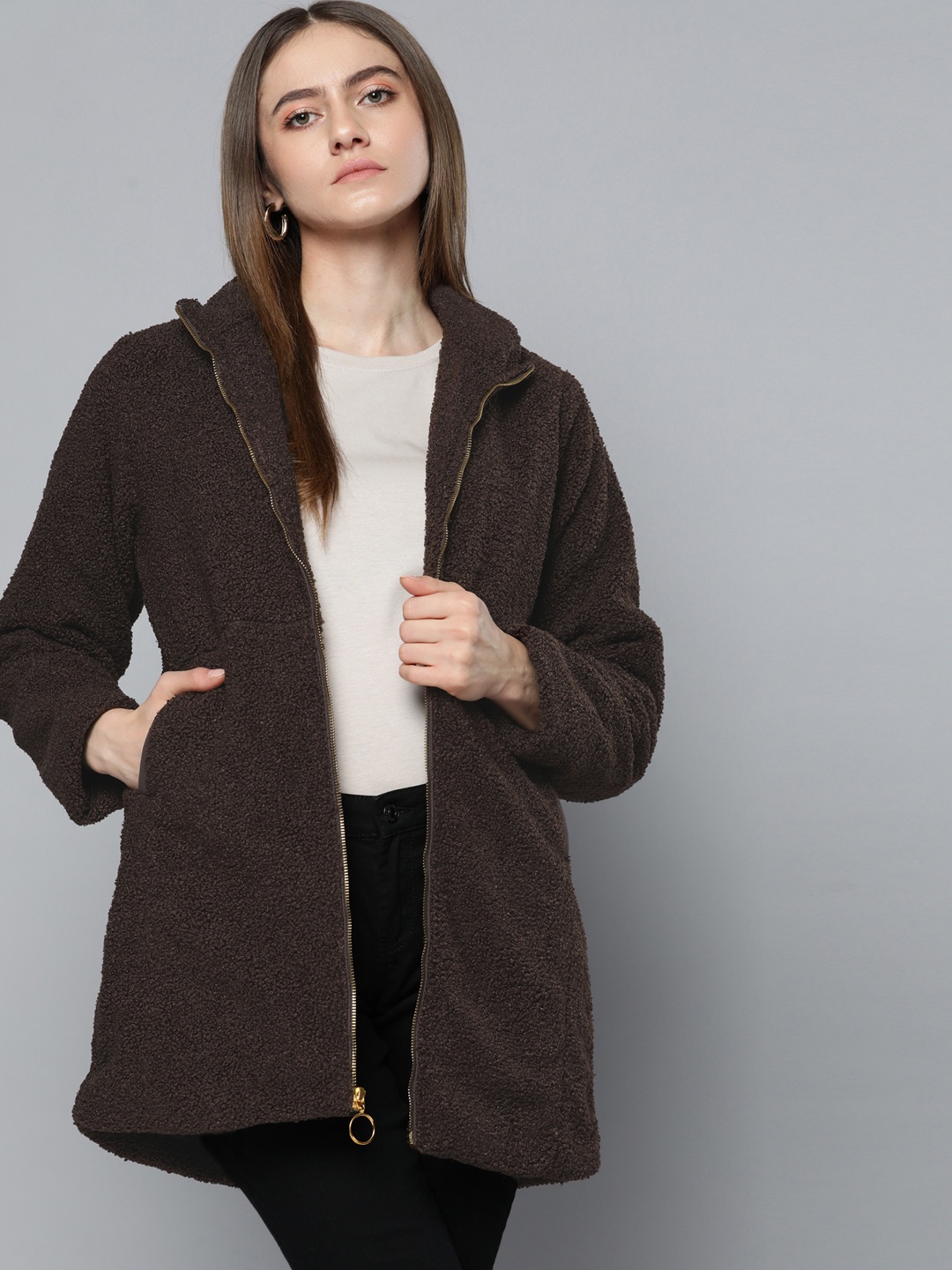 

Chemistry Women Brown Boucle Longline Tailored Jacket
