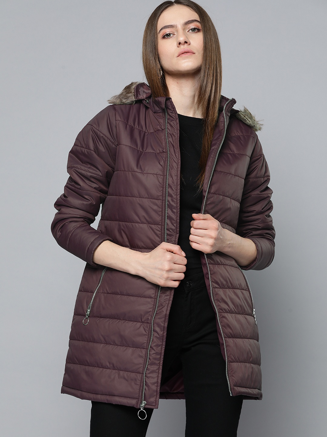 

Chemistry Women Burgundy Solid Quilted with Faux Fur Trim Longline Jacket