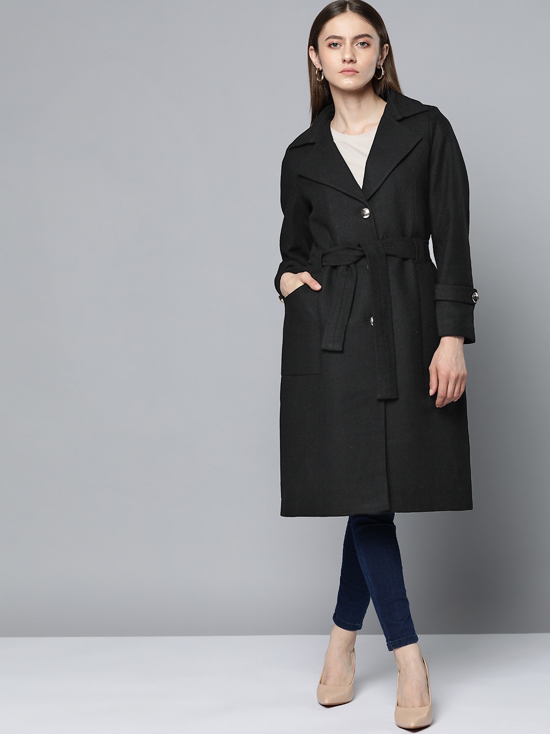

Chemistry Women Black Solid Longline Overcoat