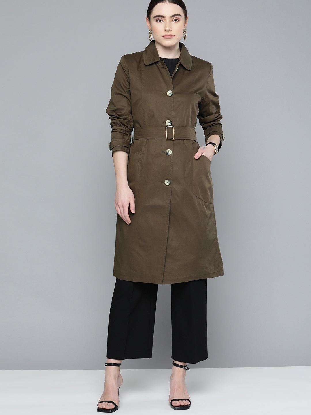 

Chemistry Pure Cotton Longline Trench Coat with Belt, Olive