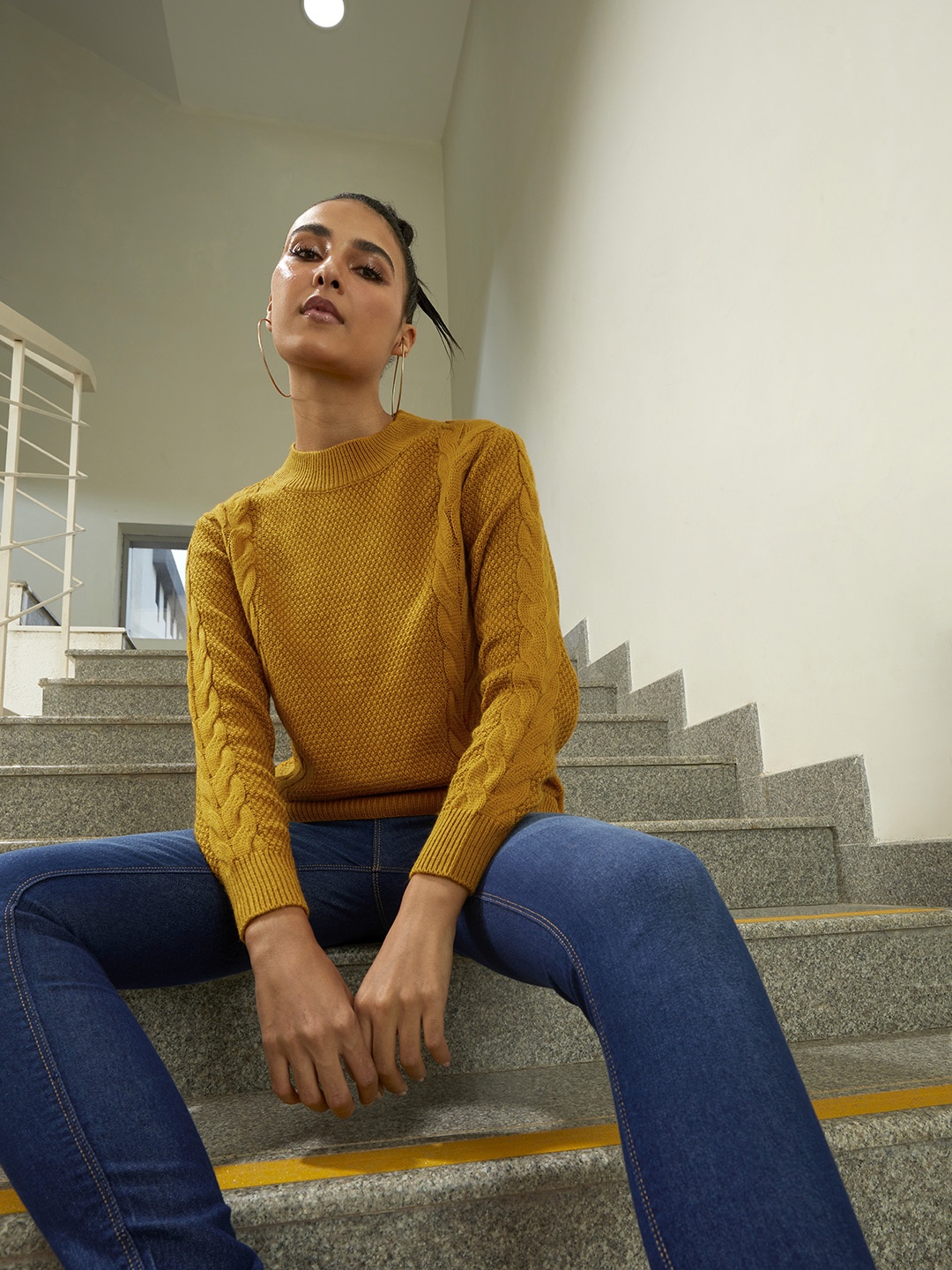 

Chemistry Women Mustard Yellow Cable Knit Pullover