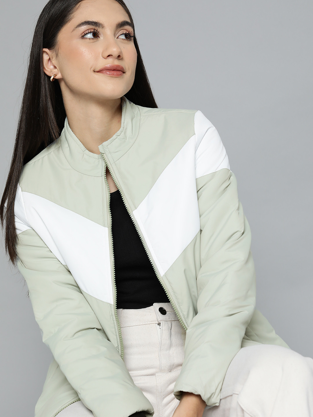 

Chemistry Women Mint Green White Colourblocked Jacket