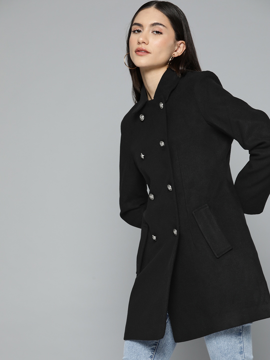 

Chemistry Women Black Solid Double-Breasted Longline Over Coat